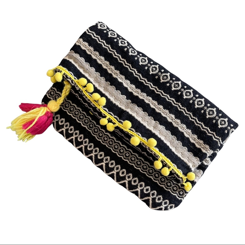Just Fab Fold Over Bag Yellow Pom Pom Tassel‎ Trim Colorful Clutch Purse